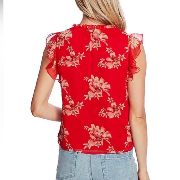 CeCe Chiffon Smocked Cap Sleeve V-Neck Red Floral Print Flutter Blouse Size 2X - Picture 6 of 12